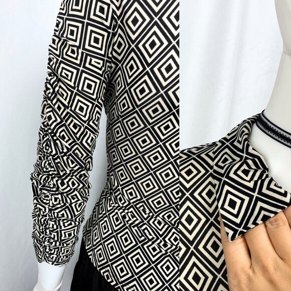 Vintage 90s Seduction top silky stretchy retro geometric belted collar small - Picture 2 of 3